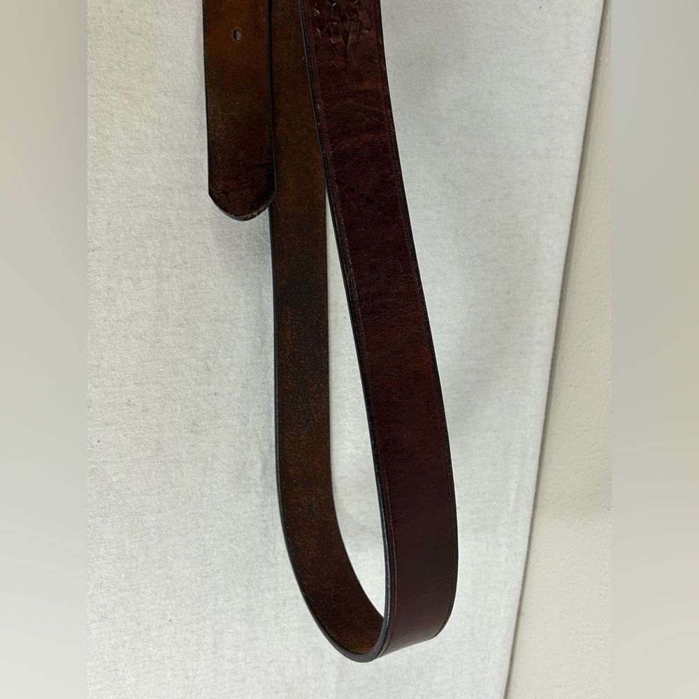 Vintage Brown Leather Belt with Brass Buckle Braided Accent Size 36/38 Mens - Picture 12 of 12